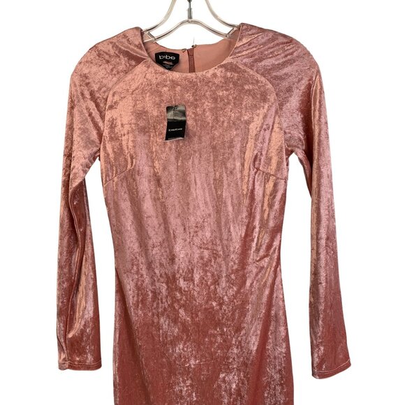 Bebe XS Long Sleeve Crushed Velvet Bodycon Mini Dress In Dark Rose - Picture 12 of 12